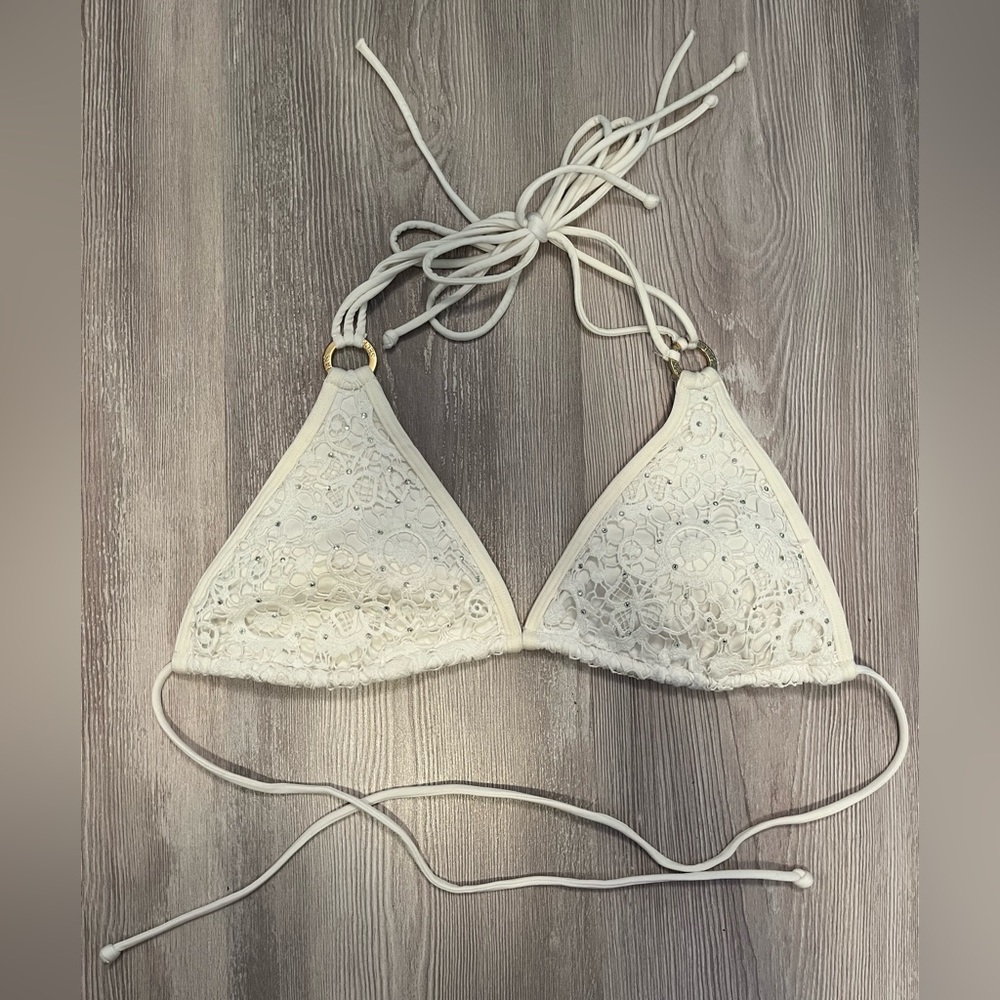 Victoria’s Secret white crochet appliqué bedazzled triangle bikini top size L